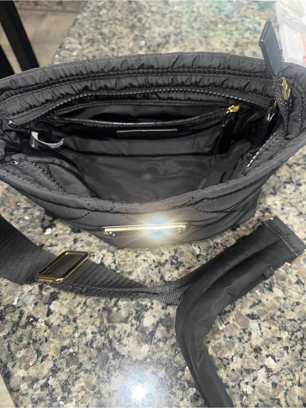 Marc Jacobs Black Quilted Crossbody Bag with Gold Plaque